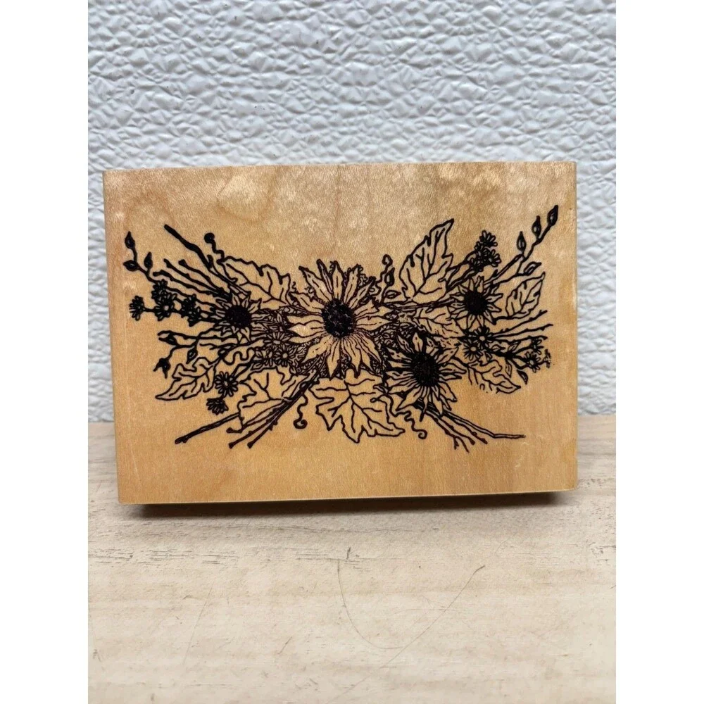 Vtg 1995 Art Gone Wild Sunflower Buquet Wood Mounted Rubber Stamp - Picture 1 of 5